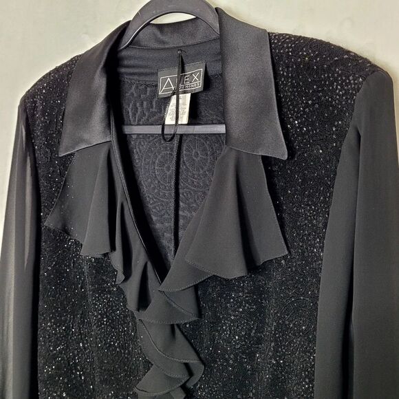 Alex Evenings Black Glitter Ruffle Button Down Top Size XL - Picture 8 of 12